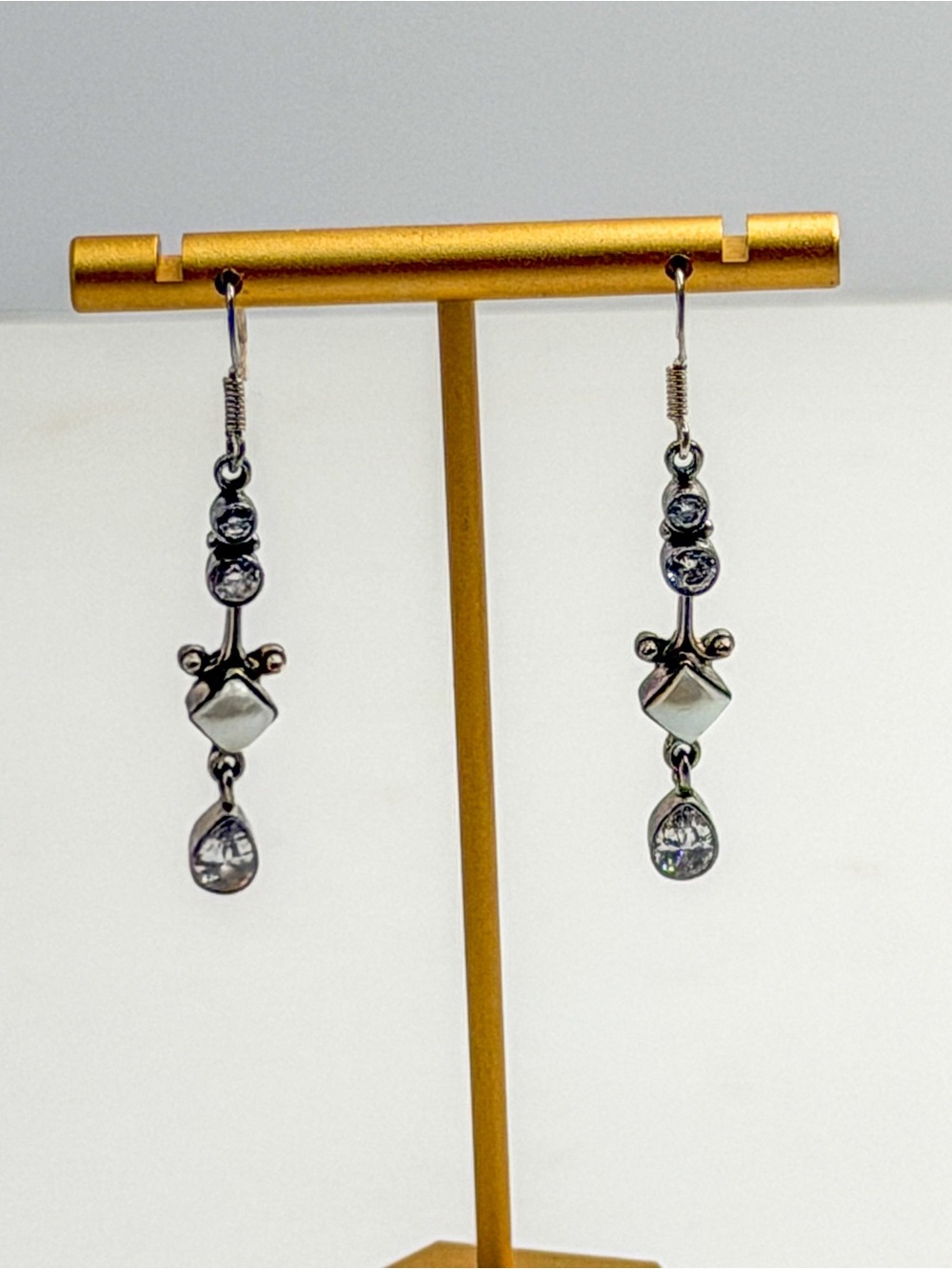 Sterling Silver 925 Pearl & White Topaz Crystal Teardrop Dangle Earrings Vintage